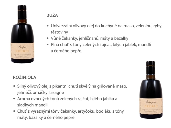 Charakteristika olivových olejů Buža a Rožinjola